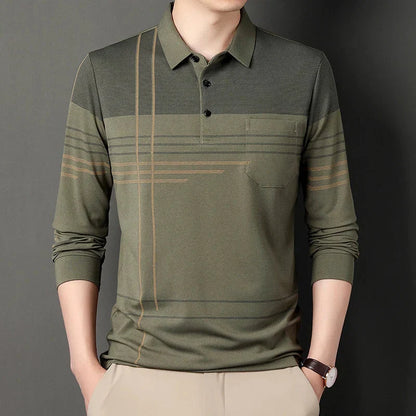 SuperbsTees Premium Olive Polo T-Shirt for Men – Linear Design Long Sleeve